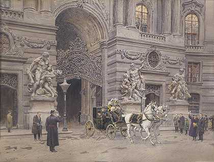 弗兰兹·约瑟夫坐着马车从城堡里出来`Franz Joseph in seiner Kutsche aus der Burg kommend (1912) by Ernst Graner