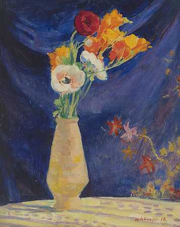 花瓶D蓝色背景下的银莲花`Vase Danémones Sur Fond Bleu (1912) by Henri Lebasque