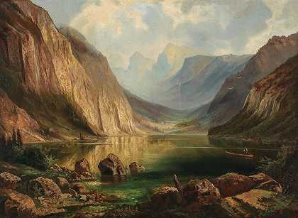 兰巴斯湖埃宾西附近的赫伦贝奇景观`View of the Höllengebirge near Ebensee, Langbathsee (1873) by Ferdinand Lepie