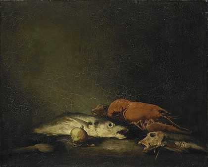 泰奥杜勒·里博特的《鱼与龙虾静物》`Stilleven met vissen en een kreeft (1850 ~ 1891) by Théodule Ribot