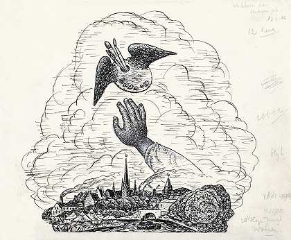 范德普鲁姆（Van der Pluym）为《格斯泰尔传》撰写的未命名的小插曲，面朝沃尔登（Woerden），上面一只手伸向一个有翅膀的调色板`Zonder titel Vignet voor biografie van Gestel door Van der Pluym, gezicht op Woerden met daarboven een hand die reikt naar een gevleugeld palet (1935) by Leo Gestel