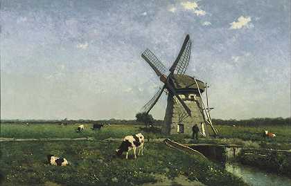 斯基丹附近的风车景观`Landscape with Windmill near Schiedam (1873) by Johan Hendrik Weissenbruch