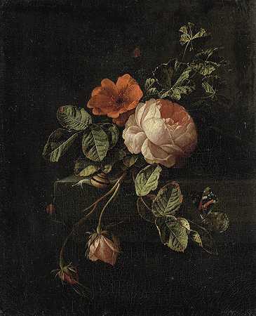 Elias van den Broeck的《玫瑰静物》`Still Life with Roses (1670 ~ 1708) by Elias van den Broeck