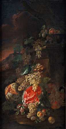 乔瓦尼·保罗·斯帕迪诺（Giovanni Paolo Spadino）以风景为背景的水果片`Fruit Piece with a Landscape Background by Giovanni Paolo Spadino