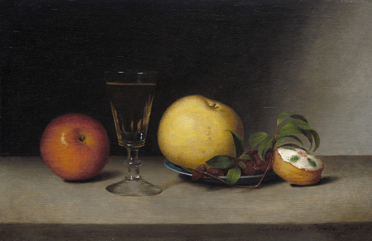 拉斐尔·皮尔的《苹果、雪利酒和茶饼静物》`Still Life with Apples,Sherry and Tea Cake (1822) by Raphaelle Peale