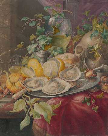 赫尔曼·亨斯滕伯格的《带牡蛎和骷髅的瓦尼塔斯静物》`Vanitasstilleven met oesters en schedel (1677) by Herman Henstenburgh