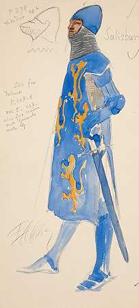 索尔兹伯里（全副武装），亨利·欧文1898年计划制作的《理查二世》的服装素描`Salisbury (armed), costume sketch for Henry Irving’s 1898 Planned Production of Richard II by Edwin Austin Abbey