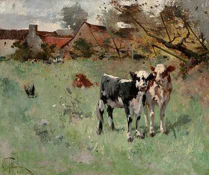 牧场上的两头奶牛`Two Cows in a Pasture by Harry Ives Thompson