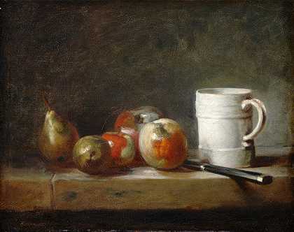 Jean Baptiste Siméon Chardin的白色马克杯静物画`Still Life with a White Mug (c. 1764) by Jean-Baptiste-Siméon Chardin