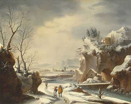 游客云集的雪景`A snowy landscape with travellers by a river by a river by Francesco Foschi