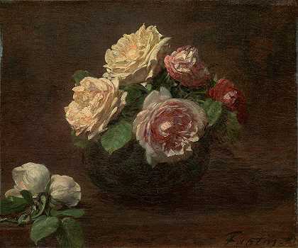 亨利·范丁·拉图尔的《碗里的玫瑰》`Roses in a Bowl (1881) by Henri Fantin-Latour