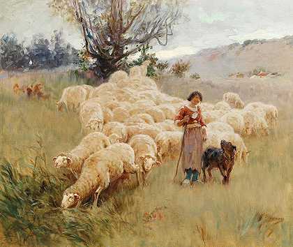 一群羊`A Flock of Sheep by Alfred Plauzeau