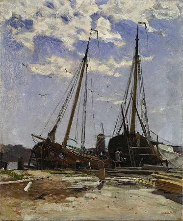 多德雷赫特港研究，1880年，哥德堡博物馆`Study for Dordrecht Harbour, 1880, Göteborgs konstmuseum by Carl Skånberg