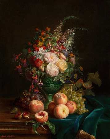 《花与桃子的静物》，奥雷莉·莱昂廷·马尔贝著`Still life with flowers and peaches by Aurelie Leontine Malbet