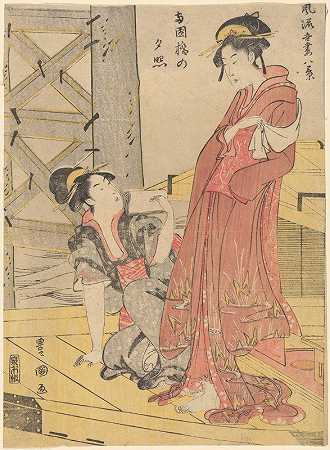 两个女人一个在地板上拿着信`Two Women, One on Floor Holding Letter (late 18th century – early 19th century) by Toyokuni Utagawa