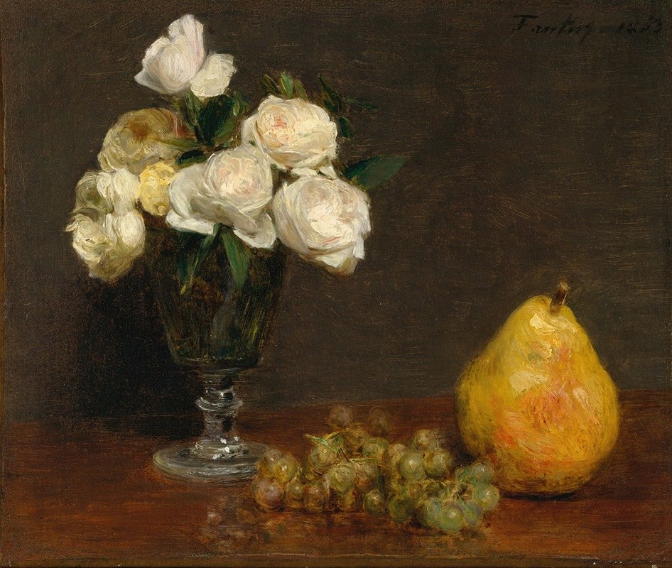 亨利·范丁·拉图尔的《玫瑰与水果静物》`Still Life with Roses and Fruit (1863) by Henri Fantin-Latour