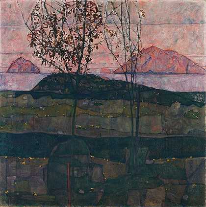 夕阳`Setting Sun (1913) by Egon Schiele