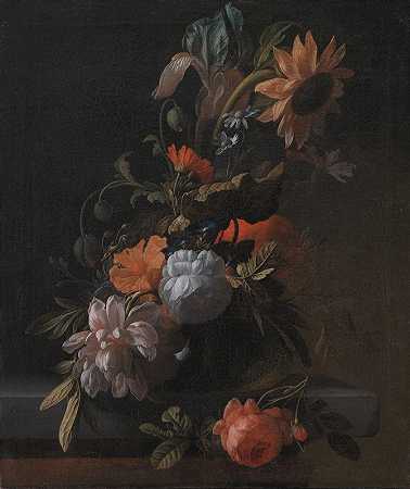 Elias van den Broeck的一碗花`A Bowl Of Flowers (1672 – 1708) by Elias van den Broeck