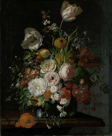 瑞秋·鲁伊斯《玻璃花瓶里的花朵静物》`Still Life with Flowers in a Glass Vase (c. 1690 ~ c. 1720) by Rachel Ruysch