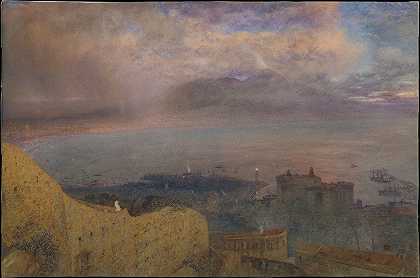 那不勒斯湾与维苏威火山的景色，远处吸烟（傍晚）`View of the Bay of Naples with Vesuvius, Smoking, in the Distance (Evening) (1871) by Alfred William Hunt