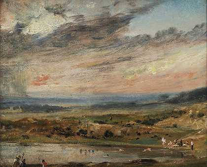 汉普斯特德·希思，有池塘和游泳者`Hampstead Heath, with Pond and Bathers (1821) by John Constable