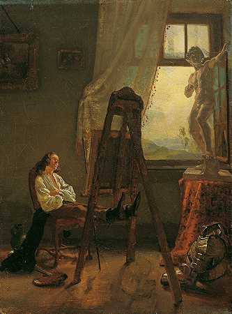 画室里倒下的画家`Der eingeschlafene Maler im Atelier (1830) by Josef Danhauser