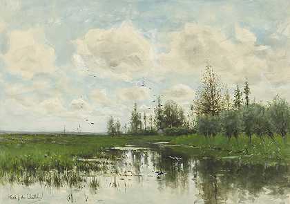 树木和草地的池塘`Poel met bomen en weiland (1866 ~ 1917) by Fredericus Jacobus van Rossum du Chattel
