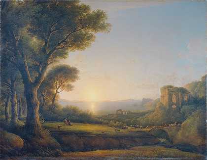 日落时的拜亚湾`Der Meerbusen von Baiae bei Sonnenuntergang (1804) by Lorenz Adolf Schönberger