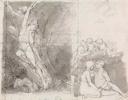 米尔顿的插图《失乐园》亚当和夏娃守卫着`Illustration to Miltons Paradise Lost; Adam and Eve Guarded by the Angels by the Angels by John Flaxman