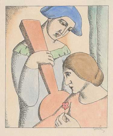 哈莱金和科伦拜恩恋人`Lovers Harlequin and Columbine (1927~1928) by Mikuláš Galanda