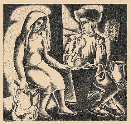 斯洛伐克家庭`Slovak family (1929) by Mikuláš Galanda