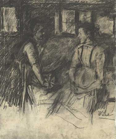 厨房里有两个女人`Two Women in the Kitchen (1895~1897) by Wilhelm Leibl
