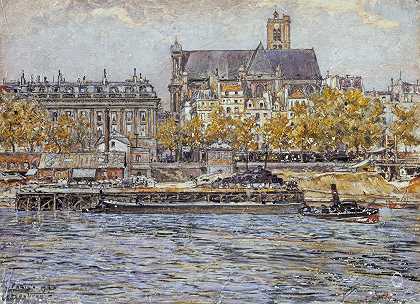 码头市政厅和圣热尔瓦-圣普罗泰斯教堂`Le quai de lHôtel~de~Ville et léglise Saint~Gervais~Saint~Protais (1899) by Frédéric Houbron