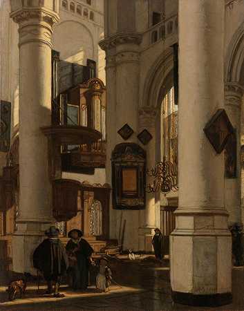新教哥特式教堂的屋内，唱诗班里有一个掘墓人`Interior of a Protestant, Gothic Church, with a Gravedigger in the Choir (1669) by Emanuel de Witte