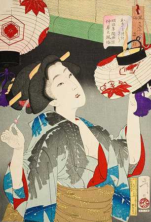 看起来很有观察力明治时代京都女服务员的出现`Looking Observant; The Appearance of a Kyoto Waitress of the Meiji Era (1888) by Tsukioka Yoshitoshi