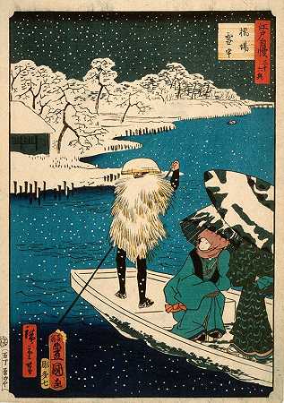 雪中桥下渡轮`Hashiba Ferry in Snow (circa 1864) by Utagawa Kunisada (Toyokuni III)