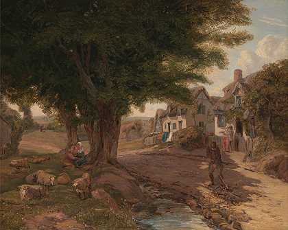 村庄场景（可能是埃塞克斯州的科利基·格林）`Village Scene (possibly Colickey Green, Essex) by Jessica Landseer