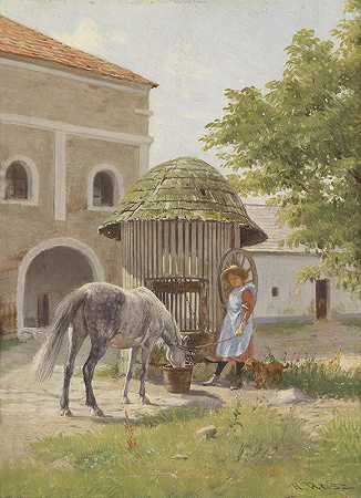 井边牵着马的女孩`Mädchen mit Pferd am Brunnen by Hermann Reisz