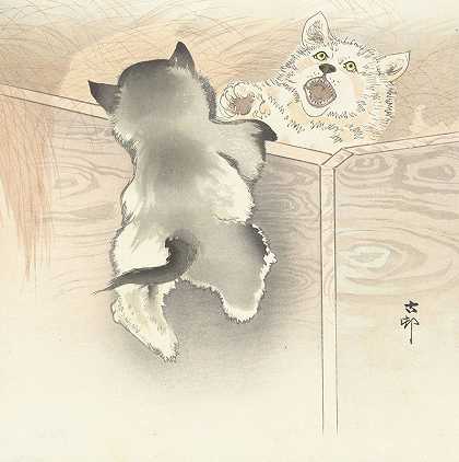 两只正在玩耍的狗`Two playing dogs (1900 ~ 1930) by Ohara Koson