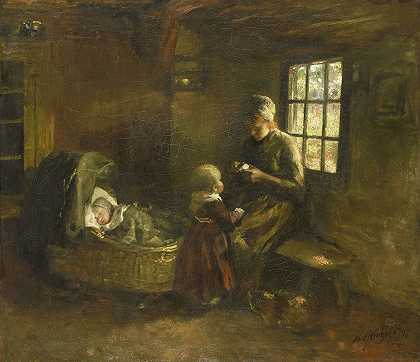 ;在摇篮里`Bij de wieg (1897) by Albert Neuhuys