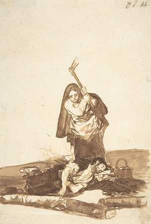 一个女人正要用斧头袭击一个熟睡的男人`A woman about to attack a sleeping man with an axe (ca. 1812–20) by Francisco de Goya