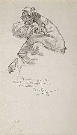 俯身的女人`Woman bending over (1913) by Alphonse Mucha