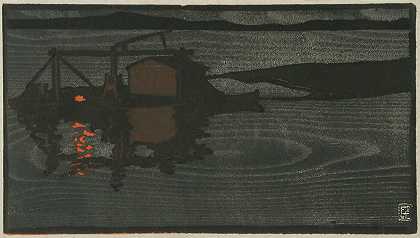 夜晚湖面上的木筏`Raft of Logs on a Lake at Night (1909) by Eric O. W. Ehrström
