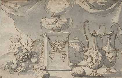 静物花瓶，底座上的一个砂锅，和一个翻倒的水果篮`Still Life; Vases, a Cassolette on a Pedestal, and an Overturned Basket of Fruit by Jean-Jacques Lagrenée