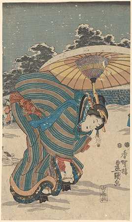 雪景女人弯腰调整鞋子`Snow Scene; Woman Bending to Adjust Shoe (ca. 1830–1843) by Utagawa Kunisada (Toyokuni III)