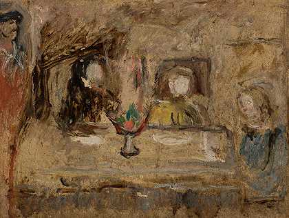 在餐桌上`Przy stole (1919) by Tadeusz Makowski