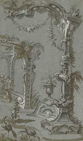 洛可可式花园棚架和露台`A Rococo Garden Trellis and Gazebo (c. 1750) by Jean-François de Cuvilliés I