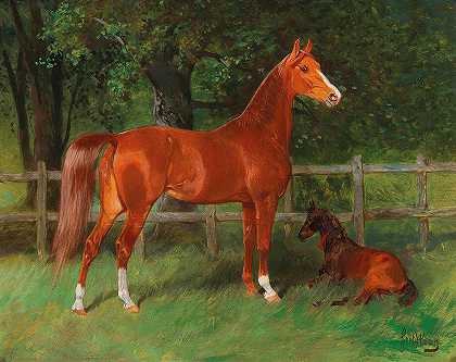 草地上的栗子和小马驹`Chestnut with Foal in the Meadow by Hans Haag