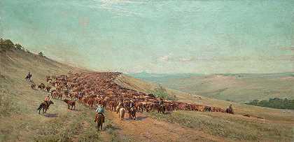 驱赶牛群`Driving the Herd (1904) by Frank Reaugh