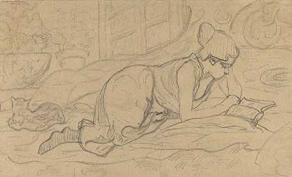 研究卧式阅读机`Study for La Liseuse couchée (1894) by Paul Ranson